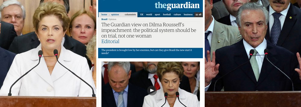 Jornal britânico voltou a fazer duras críticas ao processo de impeachment de Dilma Rousseff em editorial publicado nesta sexta-feira; de acordo com o texto, o sistema político brasileiro é tão disfuncional que a corrupção é "praticamente inevitável" para a governabilidade e ele é que deveria estar sendo julgado, não a presidente afastada, que "herdou esse legado infeliz e começou a perder o controle em um período de declínio econômico"; o jornal aponta ainda que o afastamento de Dilma se tornou necessário para desviar o foco de políticos investigados na Operação Lava Jato e coloca a segunda questão: A presidente é humilhada por seus inimigos, mas eles podem dar o novo começo de que o Brasil precisa?; o próprio veículo sugere uma resposta: "infelizmente, muito duvidoso"