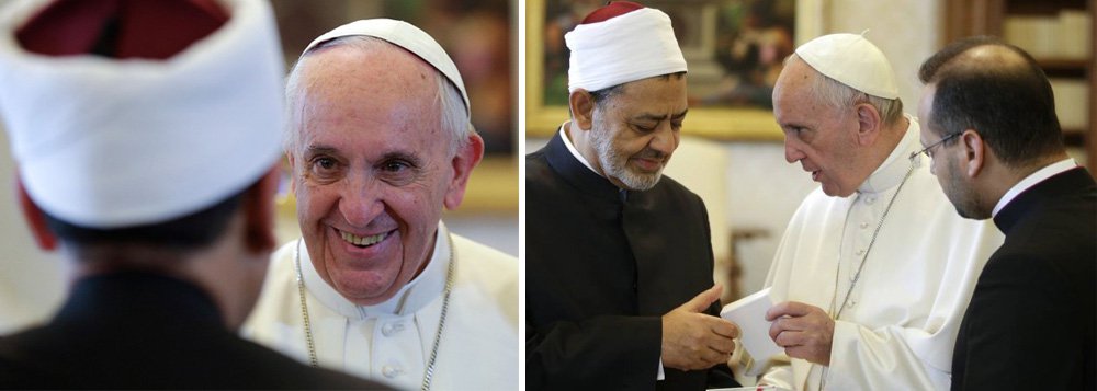 Papa Francisco reuniu-se na Cidade do Vaticano com Ahmed Al Tayeb, o imã da Universidade Islâmica do Cairo Al Azhar, para tratar do compromisso das autoridades e dos fiéis das grandes religiões com a "rejeição à violência e ao terrorismo"; Francisco saudou com um abraço o imã do centro sunita e considerou que "o encontro é a mensagem", após vários anos de interrupção de relações; encontro é um novo gesto histórico no pontificado de Francisco, pelo fato de Al Azhar, centro islâmico de referência para os sunitas, ter decidido suspender o diálogo com o Vaticano em 2011