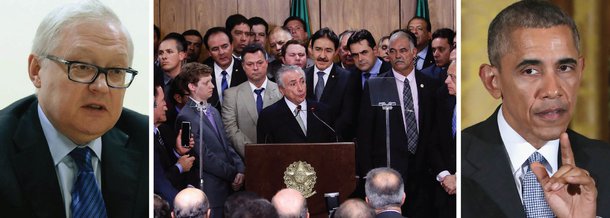 O governo russo fez hoje sua primeira declaração mais contundente sobre a crise brasileira e viu digitais dos Estados Unidos na crise política que levou Michel Temer ao poder provisório; "Um dos problemas mais importantes das relações internacionais contemporâneas é a tendência do Ocidente de manter a tudo o custo o domínio nos assuntos globais e regionais. A América Latina e o Caribe não são exceção. Notamos uma intensificação da política externa dos EUA nesta região, que vai até tentativas de interferir nos assuntos internos de alguns Estados”, disse o vice-ministro Sergei Ryabkov; ele acredita, no entanto, que o Brasil conseguirá ultrapassar este período de instabilidade porque tem aspirações de grande potência "e é um país muito grande para se tornar vítima dos planos norte-americanos"