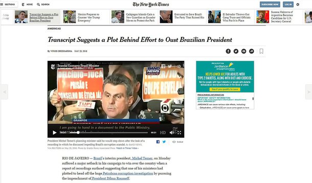 Segundo o jornal americano, as novas acusações aumentam os questionamentos sobre o que estaria por trás do impeachment de Dilma Rousseff: ‘As gravações, de uma conversa em março, sugerem que o Sr. Jucá entrou com um acordo com o objetivo de impedir e possivelmente até mesmo parar a investigação da Lava Jato. Sugere ainda que o impeachment doi parte do plano’, destaca o NYT
