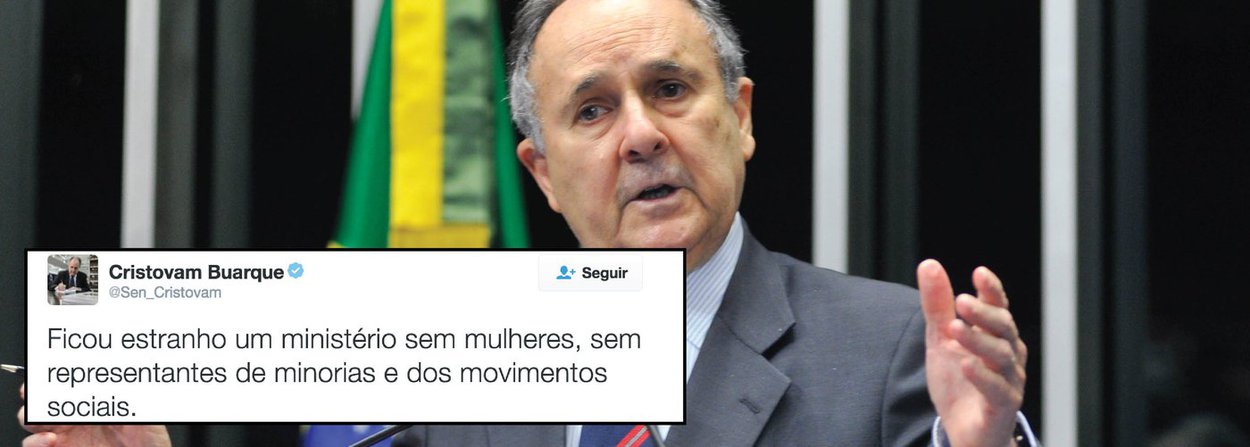 Após votar pela admissibilidade do processo de impeachment contra a presidenta Dilma Rousseff, o senador Cristovam Buarque (PPS-DF) parece não ter gostado muito das atitudes tomadas pelo presidente interino Michel Temer; ele criticou, em especial, a falta de diversidade na escolha dos novos ministros; "Ficou estranho um ministério sem mulheres, sem representantes de minorias e dos movimentos sociais", escreveu; seguidores não perdoaram; "O golpe foi legitimado com seu apoio ou com sua omissão e você esperava o quê? Vergonha de um dia ter votado em você!", respondeu um; "Assume sua culpa!", pediu outro