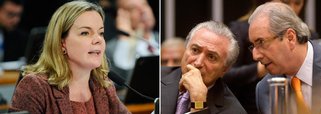 A senadora Gleisi Hoffmann (PT-PR) gravou um vídeo citando o vice-presidente Michel Temer (PMDB), que, em aúdio, falou como se o impeachment já tivesse sido aprovado pela Câmara; "Vamos ter atenção para o que disse o vice-presidente da República. Ele falou sobre tudo, mas não falou do combate à corrupção. O que fará ele? Colocará tudo para debaixo do tapete? Não vamos nos esquecer que ficará como seu vice-presidente o presidente da Câmara, Eduardo Cunha”, disse Gleisi; segundo ela, os veículos de comunicação estão atribuindo informações — “sempre em off” — a ministros visando desestabilizar a tropa contra o golpe