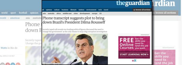 Jornal britânico afirmou nesta segunda-feira que "o ar de conspiração em torno do impeachment da presidente Dilma Rousseff se aprofundou com a divulgação de uma conversa telefônica secretamente gravada, que sugere que os esforços para forçá-la do cargo eram parte de uma conspiração para anular uma vasta investigação de corrupção que tomou conta elite política do país"; segundo o jornal, revelações prejudicam a credibilidade do governo interino liderado por Michel Temer