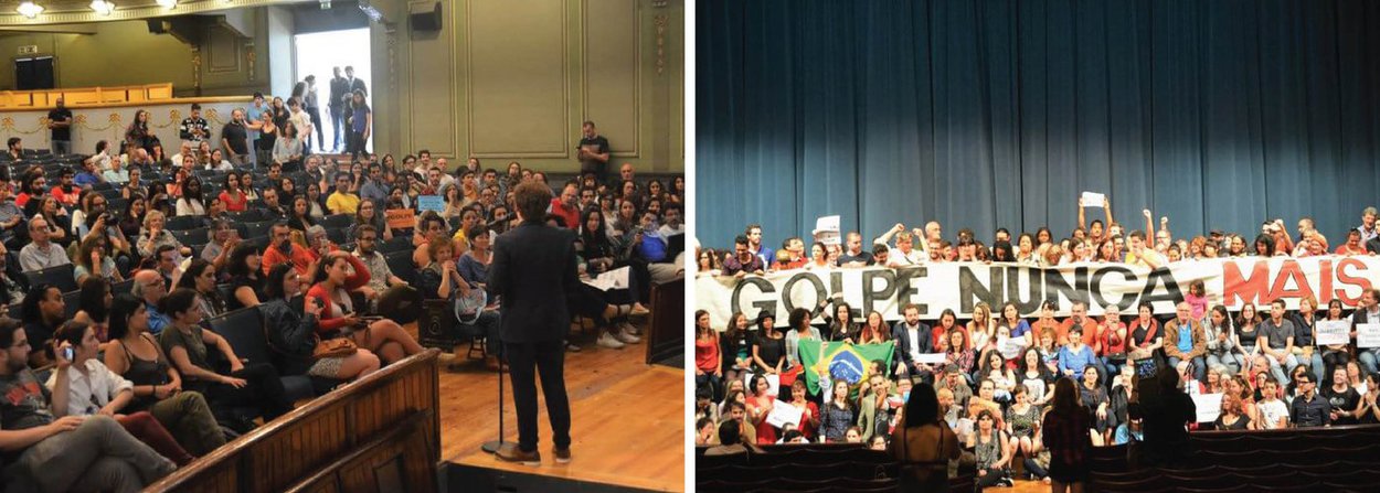 Aos gritos de “Fora Temer”, centenas de pessoas se reuniram nesta sexta (20) em Lisboa para condenar o afastamento da presidente Dilma Rousseff e protestar contra o governo interino num ato organizado pelo ator Gregório Duvivier, que está em turnê em Portugal; o evento foi realizado no Teatro Tivoli, região central de Lisboa, que foi decorado com uma faixa “golpe nunca mais”; Gregório abriu o ato e argumentou que o golpe no Brasil foi organizado pelos derrotados nas eleições. “Minha vontade hoje aqui era gritar fica Dilma, mas como não podemos, porque ela já foi afastada, temos que gritar por diretas já!”, propôs