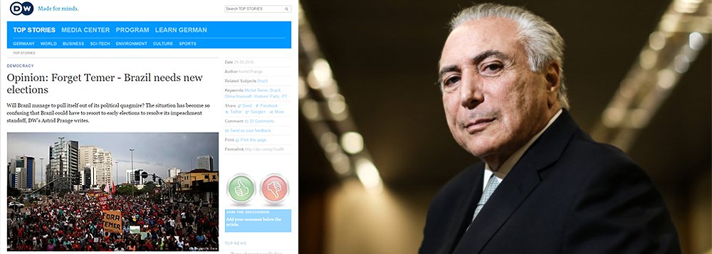 Em editorial, a agência de comunicação pública da Alemanha defende que o Brasil tenha novas eleições presidenciais, antecipadas; texto da editorialista Astrid Prange afirma que toda a classe política pode ser devorada pela Lava Jato e que, mesmo com a mudança de governo, não será mais possível que as elites governem o País como se fosse sua propriedade particular