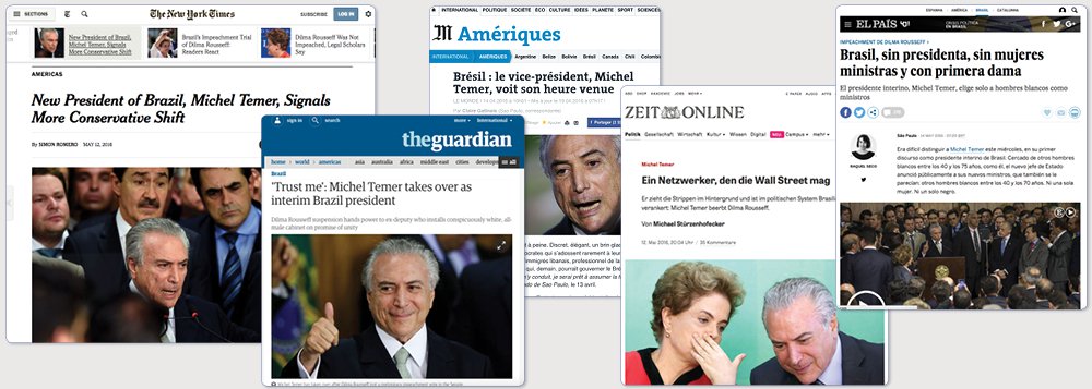 Foi consensual, e negativa, a reação dos principais jornais do mundo ao processo de impeachment no Brasil; para o espanhol, a presidente Dilma Rousseff foi afastada "sem provas"; o alemão Die Zeit disse que o Brasil se tornou um país de "democracia fraca", o que gera preocupação para a Rio 2016; o francês Le Monde destacou o caráter misógino da equipe do presidente interino Michel Temer; o britânico The Guardian pontuou que o sistema político corrupto do Brasil é que deveria ser julgado – e não a presidente honesta; para o New York Times, a pena imposta a Dilma foi desproporcional; o britânico Financial Times elogiou a equipe econômica; com isolamento no mundo, Temer conta com a boa vontade das empresas familiares de mídia no Brasil