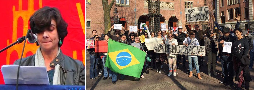 Para Patricia Schor, pesquisadora da Universidade de Utrecht, na Holanda, e especialista em pós-colonialismo e racismo, a investida da direita contra a presidente Dilma Rousseff tem legitimado violências simbólicas e discursos de ódio como misoginia e racismo no Brasil; para ela, o que está em curso no Brasil é um golpe "porque não há crime; "Não há base legal, não há crime estabelecido, mas isso fica uma questão subsidiária dentro desse clima instituído de terror", afirmou; brasileiros contrários ao golpe fizeram protestos na Holanda