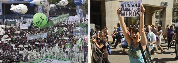 Centrais sindicais argentinas se uniram nesta sexta-feira (29) em Buenos Aires para protestar contra as políticas do governo de Mauricio Macri e pedir soluções para a crise que afeta os trabalhadores do país; cerca de 350 mil pessoas participaram do protesto, segundo os organizadores; o ato marcou o primeiro protesto sindical unificado no governo Macri das cinco centrais peronistas historicamente divididas: as três CGTs (Confederação Geral do Trabalho da Argentina - Alsina, Azopardo, e Azul e Branca), e duas CTAs (Central de Trabalhadores da Argentina - Autônoma e dos Argentinos)
 