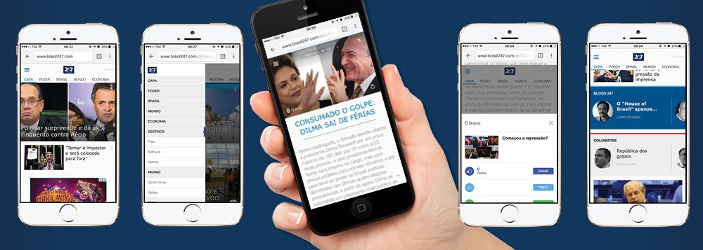 Nova versão do 247 para celulares, tablets e smartphones, além de mais moderna, carrega os conteúdos de forma muito mais veloz; além disso, o 247 é um dos primeiros sites brasileiros a lançar um site com todas as funcionalidades de um aplicativo; é possível, por exemplo, rodar as seções apenas rolando as páginas lateralmente; os colunistas foram também organizados em carrosséis com navegação lateral; compartilhar notícias pelas redes sociais e aplicativos como o WhatsApp também ficou muito mais simples