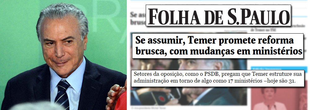 Repercutiram muito mal no Congresso as principais sinalizações de um eventual governo Michel Temer, que estão nos jornais desta quinta-feira; de acordo com as reportagens, Temer teria prometido ao PSDB reduzir o número de ministérios de 31 para 17; além disso, como muitas das vagas serão ocupadas por representantes de novos aliados, como PSDB e DEM, além dos "notáveis", parlamentares do baixo clero já desconfiam de que Temer não conseguirá entregar os cargos que promete aos aliados; nesta quinta-feira, foi protocolada na Câmara uma Frente em Defesa da Democracia, articulada pelo ex-presidente Lula, com 186 assinaturas – 15 a mais do que o necessário para barrar o impeachment sem crime de responsabilidade, ou seja, o golpe