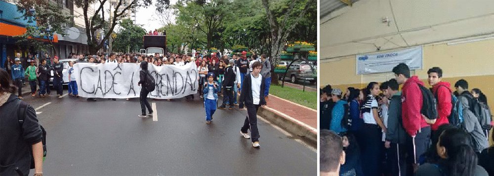 Cerca de 500 estudantes ocuparam o Colégio Estadual Gerardo Braga, no município de Maringá, Noroeste do Paraná, contra a falta de merenda e pela instalação da 'CPI do Quadro Negro' na Assembleia Legislativa para investigar roubo de R$ 24 milhões destinados à construção de escolas; quanto à 'CPI do Quadro Negro', tem a ver com o desvio de verbas públicas federais destinadas à construção de escolas no estado, e, segundo a polícia, também envolvia deputados estaduais e autoridades do governo Beto Richa (PSDB)