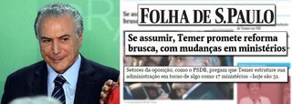 Repercutiram muito mal no Congresso as principais sinalizações de um eventual governo Michel Temer, que estão nos jornais desta quinta-feira; de acordo com as reportagens, Temer teria prometido ao PSDB reduzir o número de ministérios de 31 para 17; além disso, como muitas das vagas serão ocupadas por representantes de novos aliados, como PSDB e DEM, além dos "notáveis", parlamentares do baixo clero já desconfiam de que Temer não conseguirá entregar os cargos que promete aos aliados; nesta quinta-feira, foi protocolada na Câmara uma Frente em Defesa da Democracia, articulada pelo ex-presidente Lula, com 186 assinaturas – 15 a mais do que o necessário para barrar o impeachment sem crime de responsabilidade, ou seja, o golpe