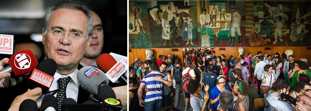 Presidente do Senado, Renan Calheiros (PMDB-AL), articula a apresentação de uma emenda à medida provisória assinada pelo presidente interino, Michel Temer, que resultou na fusão do Ministério da Cultura com a Educação; "O Ministério da Cultura não vai quebrar o Brasil, mas sua extinção quebrará a nação porque coloniza a sociedade", disse; ele também deve se reunir com a classe artística que vem organizando protestos sobre o assunto pelo Brasil; nesta quinta (19), ocupações em prédios públicos contra a decisão ocorrem em ao menos 16 capitais