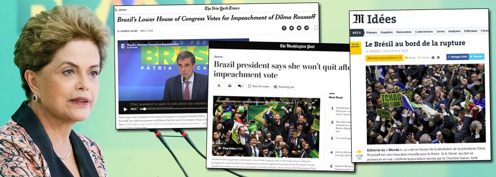 “Além do The New York Times, muitos outros editorais mundo a fora registraram o retrocesso e a violência política em curso no Brasil que desmentem o diagnóstico do ex-presidente Fernando Henrique Cardoso. Ontem ele disse que o impeachment de Dilma é “violento, mas não traz risco à democracia”. Para o Le Monde, “o Brasil está à beira da ruptura””, destaca a colunista do 247 Tereza Cruvinel; “leia, a seguir, outros editorais e artigos da imprensa internacional que colocam o Brasil no pior dos mundos: um país que desce aos infernos na economia e para completar coloca em risco sua jovem democracia. Um Brasil que, depois de ter conseguido uma inédita projeção internacional volta a ser um Brasil bananeiro”