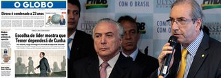 Na manchete desta quinta-feira, o jornal O Globo, que tem sido o maior entusiasta do regime provisório de Michel Temer, aponta que o presidente interino depende de Eduardo Cunha (PMDB-RJ), afastado da Câmara por ser beneficiário de várias contas no exterior; a prova disso foi a indicação de André Moura (PSC-CE), investigado por assassinato, para a liderança do governo, numa decisão que revoltou aliados do próprio Temer, que defendiam Rodrigo Maia (DEM-RJ); para o colunista Bernardo Mello Franco, o "correntista suíço dá as cartas no País"; o deputado Paulo Pimenta (PT-RS) foi ainda mais mordaz, ao dizer que "Temer ainda é vice; o presidente do Brasil hoje se chama Eduardo Cunha"