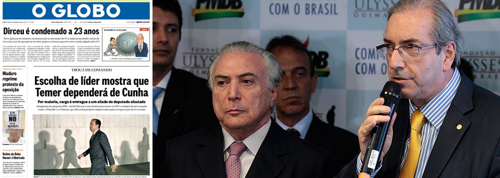 Na manchete desta quinta-feira, o jornal O Globo, que tem sido o maior entusiasta do regime provisório de Michel Temer, aponta que o presidente interino depende de Eduardo Cunha (PMDB-RJ), afastado da Câmara por ser beneficiário de várias contas no exterior; a prova disso foi a indicação de André Moura (PSC-CE), investigado por assassinato, para a liderança do governo, numa decisão que revoltou aliados do próprio Temer, que defendiam Rodrigo Maia (DEM-RJ); para o colunista Bernardo Mello Franco, o "correntista suíço dá as cartas no País"; o deputado Paulo Pimenta (PT-RS) foi ainda mais mordaz, ao dizer que "Temer ainda é vice; o presidente do Brasil hoje se chama Eduardo Cunha"
