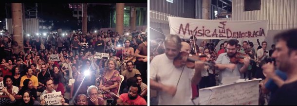 Artistas que ocupam o Palácio Gustavo Capanema, no Rio de Janeiro, em protesto pelo fim do Ministério da Cultura, transformaram a apresentação da ópera Carmina Burana em "Fora Temer; "Fora temer! Fora, Temer! Fora daqui, seu Temer!", cantam os artistas ao ritmo da ópera; veja o vídeo