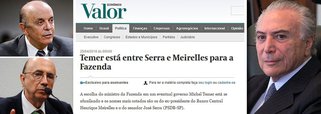 Reportagem desta segunda-feira da jornalista Claudia Safatle, publicada no Valor Econômico, aponta que a disputa pelo Ministério da Fazenda de um eventual governo Michel Temer se afunilou em dois nomes: o senador José Serra (PSDB-SP) e o banqueiro Henrique Meirelles; isso demonstra que o vice Michel Temer avalia duas soluções praticamente antagônicas, uma vez que Serra, intervencionista, representa o oposto de Meirelles, que se notabilizou, no governo Lula, pelo receituário ortodoxo no Banco Central; numa entrevista recente, Serra disse que Meirelles foi o "pior presidente da história do BC", quando, na verdade, foi com Meirelles que o Brasil atingiu o grau de investimento e a menor taxa de risco de sua história; nessa disputa, tanto Meirelles como Serra exigem poder total na economia