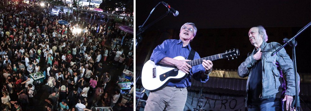 Em show contra o fim do Ministério da Cultura no Palácio Capanema, prédio da Funarte, no Rio de Janeiro, a multidão também lembrou de Eduardo Cunha no refrão de “Tieta” na noite desta sexta-feira 20; “O MinC é conquista do Estado brasileiro, não de nenhum governo”, protestou Caetano, na abertura do show; Erasmo Carlos também se apresentou no local, que está ocupado desde segunda-feira por manifestantes contra a extinção do ministério; deputados Jean Wyllys e Marcelo Freixo falaram no meio da apresentação; ao cantar “Abraçaço”, Caetano disse: “O Capanema foi abraçado, por isso eu canto essa música”; assista ao vídeo