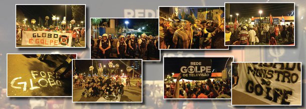 O Levante Popular de Juventude e o Movimento dos Trabalhadores Sem Terra realizaram na noite desta terça (12) um protesto em frente à sede da Globo em Brasília; com palavras de ordem contra o golpe e com críticas à emissora, o ato reuniu centenas de pessoas