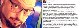 Ex-diretor-geral da EBC, Eduardo Castro denuncia a tentativa do governo interino de Michel Temer de destruir a comunicação pública; "depois de exonerar o presidente da EBC num ato ilegal, o governo de fato quer editar uma MP para 'modificar a EBC'. Só pra quebrar essa regra. Só pra diminuir a empresa, manietá-la. É sem diálogo, sem motivo. E, principalmente, sem voto"