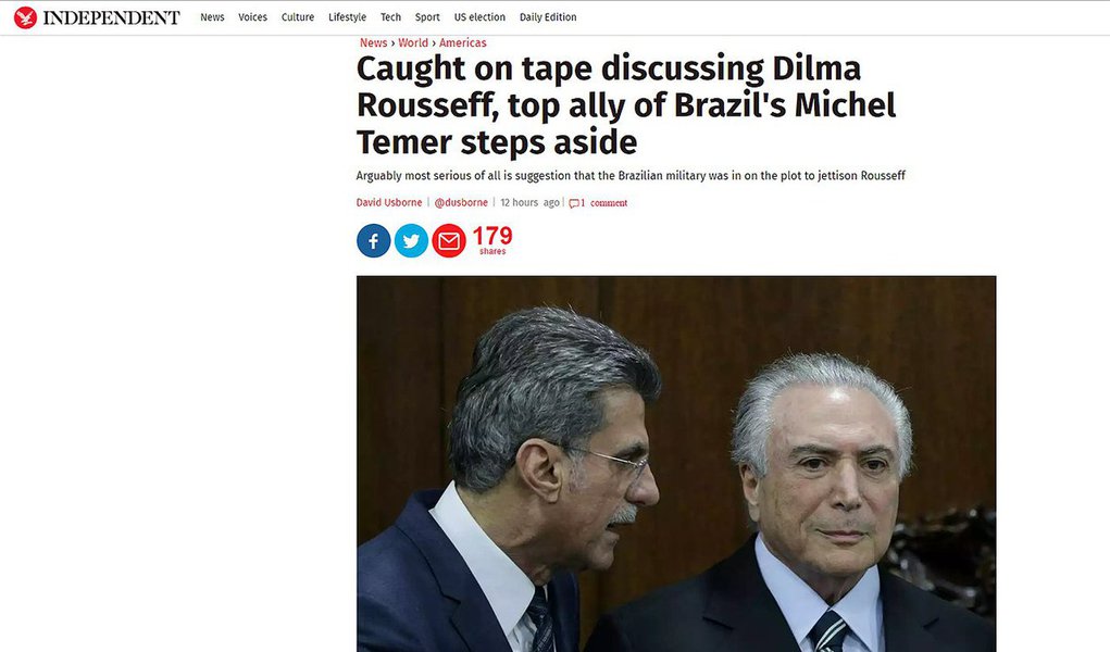 Importante jornal britânico destaca trecho da gravação de Romero Jucá em que fala de um suposto apoio militar e do Supremo Tribunal Federal no golpe contra Dilma Rousseff; segundo a publicação, qualquer noção de conivência com os militares para derrubar um presidente vai se espalhar como um alarme entre os brasileiros que não se esqueceram do longo período de ditadura militar