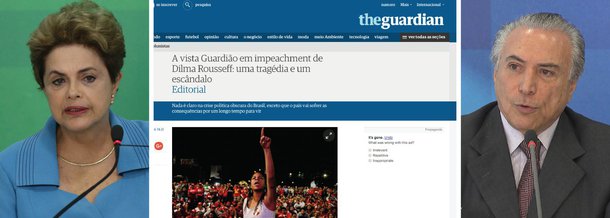 Em editoral publicado nesta segunda-feira (18), o jornal inglês The Guardian condena a aprovação do pedido de impeachment da presidente Dilma Rousseff pela Câmara; o jornal reconhece que não há motivos para o impedimento de Dilma e ressalta que "agora, muitos temem que a campanha anti-corrupção vai desaparecer, além de um concentração final de fogo contra Lula"; para o The Guardian, "Temer terá de enfrentar os mesmos problemas que derrotaram Dilma Rousseff, e suas chances de lidar com eles de forma eficaz devem ser baixas"