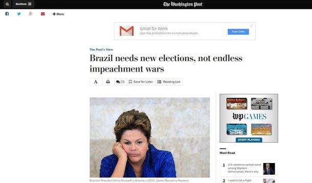 De acordo com o jornal americano, é provável que o resultado final do impeachment seja uma continuação da crítica situação econômica que o país se encontra; para o Post, a melhor saída para o Brasil seriam novas eleições; "Se isto não acontecer, a maior potência da América Latina pode ser condenado a passar os próximos anos em recessão e conflitos internos", diz