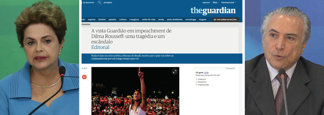 Em editoral publicado nesta segunda-feira (18), o jornal inglês The Guardian condena a aprovação do pedido de impeachment da presidente Dilma Rousseff pela Câmara; o jornal reconhece que não há motivos para o impedimento de Dilma e ressalta que "agora, muitos temem que a campanha anti-corrupção vai desaparecer, além de um concentração final de fogo contra Lula"; para o The Guardian, "Temer terá de enfrentar os mesmos problemas que derrotaram Dilma Rousseff, e suas chances de lidar com eles de forma eficaz devem ser baixas"