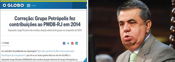 Jornal corrige informação errônea sobre contribuições do grupo Petrópolis ao deputado Jorge Picciani (PMDB-RJ), presidente da Assembleia Legislativa do Rio de Janeiro; retratação reflete impacto da nova lei do direito de resposta