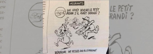 Nela, o garoto sírio morto afogado aparece, crescido, correndo atrás de mulheres, numa alusão a recentes episódios na Alemanha em que refugiados foram acusados de assediar alemãs