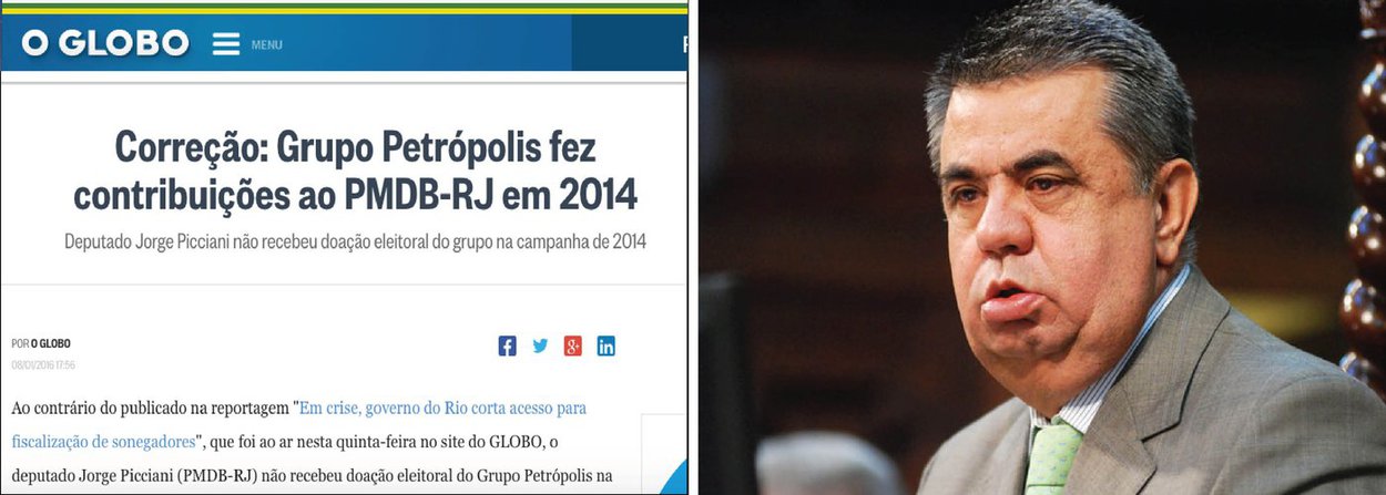 Jornal corrige informação errônea sobre contribuições do grupo Petrópolis ao deputado Jorge Picciani (PMDB-RJ), presidente da Assembleia Legislativa do Rio de Janeiro; retratação reflete impacto da nova lei do direito de resposta