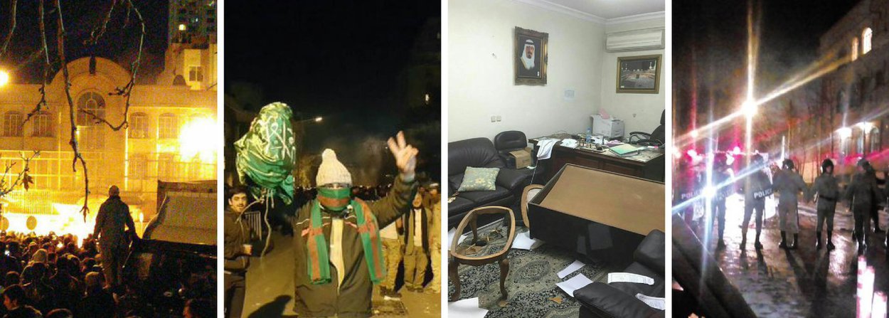 Em protesto contra a execução do clérigo xiita Nimr al-Nimr e outras 46 pessoas, manifestantes iranianos incendiaram a embaixada da Arábia Saudita em Teerã neste sábado, 2; eles jogaram vários coquetéis Molotov para dentro do prédio. Depois de invadirem a embaixada, o grupo destruiu móveis, bandeiras e documentos; fotos e vídeos publicados nas redes sociais mostram o prédio em chamas; polícia iraniana recorreu a gás lacrimogêneo para dispersar os manifestantes