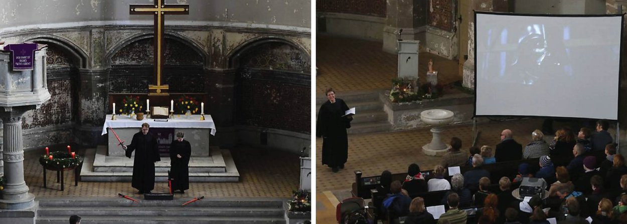 Uma igreja de Berlim, Alemanha, celebrou uma missa pelo lançamenot do novo episódio da saga cinematográfica de Stars Wars; na missa, que contou com a música tema da saga, o vigário em formação Ulrike Garve abriu o culto protestante com as palavras "A espera terminou! - A Força despertou"; cerca de 500 pessoas assistiram a missa, muitas delas fantasiadas de Darth Vader e portando sabres de luz de brinquedos; segundo Garve, s ações de Skywalker mostram que é importante evitar a violência e que essa é uma mensagem encontrada no Novo Testamento da Bíblia cristã, na qual algumas passagens fazem referência ao bem vencendo o mal