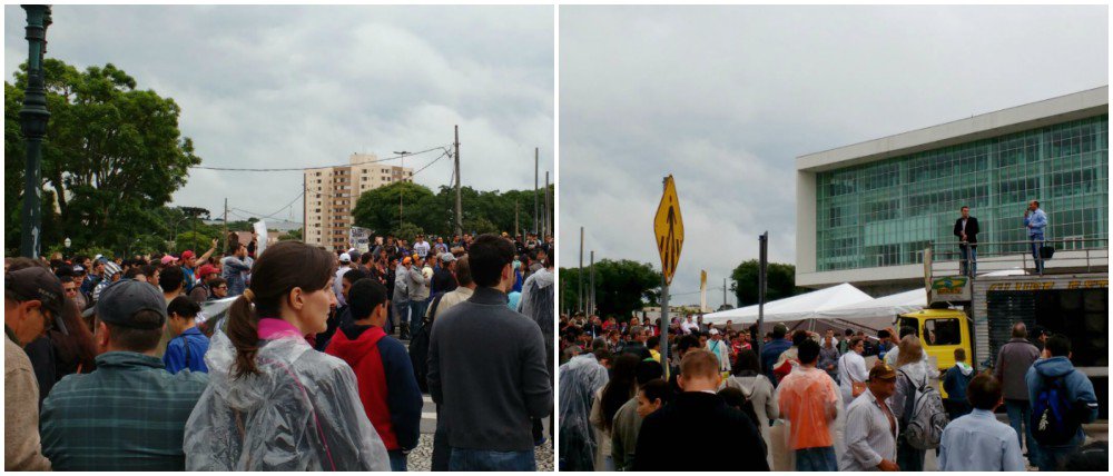 A empresa Araupel trouxe manifestantes do Sudoeste do estado, para exigir que o governador Beto Richa (PSDB) use a força contra o Movimento dos Trabalhadores Rurais Sem Terra; eles se reuníram no Centro Cívico, em frente ao Palácio Iguaçu, e pressionam para que o tucano force a desocupação da fazenda Rio das Cobras que fica no município de Quedas do Iguaçu; a empresa que explora a produção de papel no Paraná está colocando seus trabalhadores e fazendeiros da região contra o MST usando o argumento da perda do emprego se a ocupação continuar