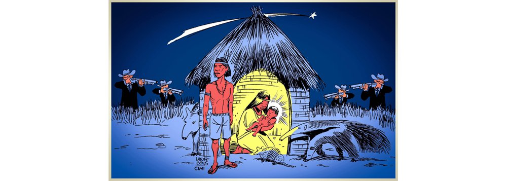 O cartunista Carlos Latuff se utiliza da temática natalina para criticar o avanço do agronegócio sobre territórios pertencentes aos índios no Brasil