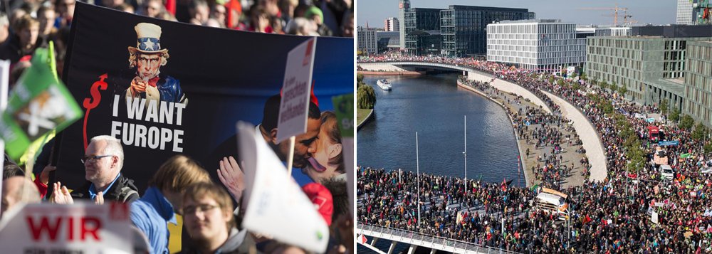 Centenas de milhares de pessoas marcharam em Berlim neste sábado contra um acordo de livre comércio planejado entre Europa e os Estados Unidos que dizem ser anti-democrático e que vai diminuir a segurança alimentar, normas trabalhistas e ambientais