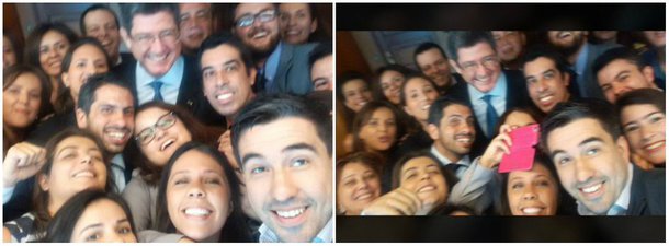 Em seus últimos momentos à frente do Ministério da Fazenda, Joaquim Levy demonstrou animação, sorriu bastante e até tirou selfie com os jornalistas após café da manhã com a imprensa nesta sexta-feira 18; horas depois, seria anunciado nome de Nelson Barbosa para o cargo