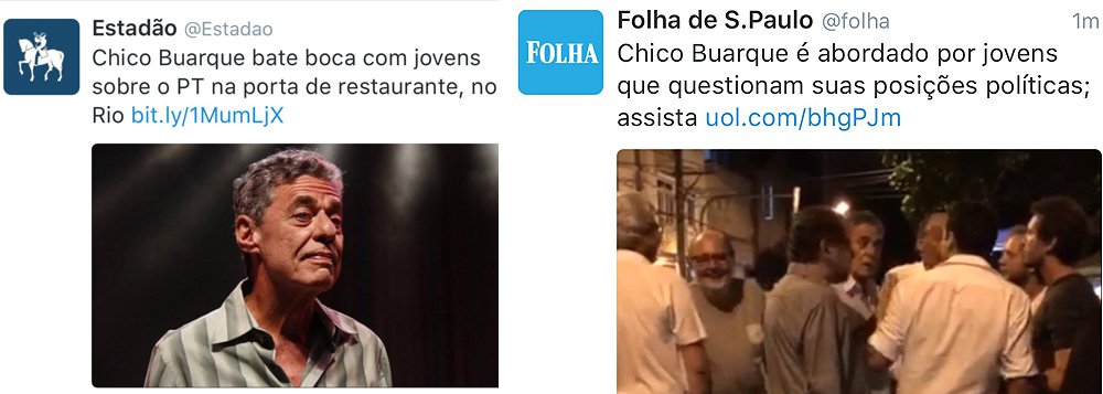 Viomundo destaca que "os jornais paulistas não mencionaram a ofensa do rapper Tulio Dek e de Alvarinho, filho do empresário paulista Álvaro Garnero, a Chico Buarque, mas apenas o questionamento às convicções políticas do cantor; 'O Estadão enfatizou que Chico “bateu boca” e a Folha, que foi “questionado”. Uma forma descarada de culpar a vítima', disse; "no Facebook, fãs de Chico repreenderam o comportamento do rapper", completou