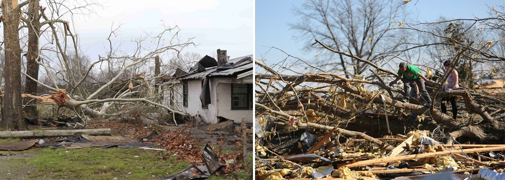 Os tornados e as posteriores tempestades que atingiram a região de Dallas, no Texas, na noite de sábado (26), deixaram pelo menos 11 mortos e afetaram centenas de casas; alguns imóveis ficaram destruídos; a cidade afetada foi Garland, no noroeste da região metropolitana de Dallas; na localidade, oito pessoas morreram num acidente rodoviário entre 12 veículos provocado por um tornado; outras 15 pessoas foram resgatadas e transportadas de ambulância do local do acidente, na Autoestrada Interestadual I30, para hospitais da zona