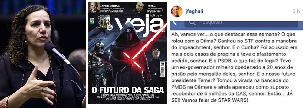 A deputada federal Jandira Feghali (PC do B) ironizou a revista Veja desta semana, que, mesmo após uma semana intensa no noticiário político, optou por trazer o filme Star Wars em sua capa; "Cadê na capa a derrota do golpismo de Cunha e oposição no STF? E a prisão do tucano mineiro? E a decisão da Procuradoria Geral da República sobre Cunha? Essa revista é uma vergonha", afirmou