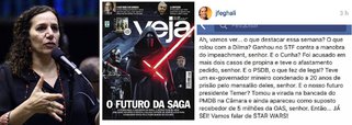 A deputada federal Jandira Feghali (PC do B) ironizou a revista Veja desta semana, que, mesmo após uma semana intensa no noticiário político, optou por trazer o filme Star Wars em sua capa; "Cadê na capa a derrota do golpismo de Cunha e oposição no STF? E a prisão do tucano mineiro? E a decisão da Procuradoria Geral da República sobre Cunha? Essa revista é uma vergonha", afirmou