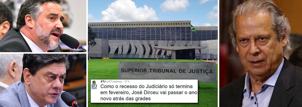 "Como o recesso do Judiciário só termina em fevereiro, José Dirceu vai passar o ano novo atrás das grades", dizia mensagem postada na conta do STJ no Twitter nesta terça-feira, após decisão de que a liberdade do ex-ministro só será julgada no ano que vem; nesta quarta-feira 30, os deputados Paulo Pimenta e Wadih Damous "denunciaram esta gritante impropriedade ao Conselho Nacional de Justiça e protestaram junto ao próprio STJ", anuncia a colunista do 247 Tereza Cruvinel; "Isso é inadmissível", protestou Damous; "Para um tribunal, o uso de tal linguagem, mais própria de policiais do que juristas, chega a ser delituoso", acrescentou Pimenta; comentário também gerou reações de defensores públicos; leia íntegra da nota de protesto de Paulo Pimenta e Wadih Damous contra a atuação do STJ