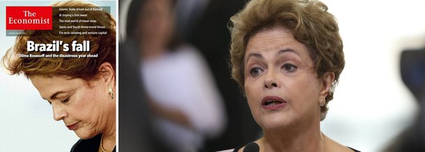 Com o título "Queda do Brasil", a revista britânica "The Economist", conhecida pele pessimismo sobre a economia brasileira, publicou sua primeira capa de 2016 apostando que, em vez do clima de euforia que seria de se esperar no início de 2016 por causa da realização das Olimpíadas, o Brasil enfrenta "um desastre político e econômico"; o veículo cita a perda do grau de investimento pela agência de classificação de risco Fitch Ratings e a saída do governo do ministro da Fazenda, Joaquim Levy; segundo a publicação, o País enfrenta "turbulência política e, talvez, um retorno à inflação galopante"