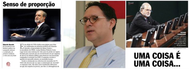 Após a condenação de Eduardo Azeredo, ex-governador de Minas e ex-presidente nacional do PSDB, a vinte anos de prisão, a revista Veja, em editorial do diretor Eurípedes Alcântara, tenta explicar por que dedica apenas uma página ao assunto; segundo o texto, o caso tucano é pequeno, nem deveria ser chamado de mensalão e Azeredo ainda terá o poder de recorrer em liberdade, enquanto o petista seria parte de um gigantesco projeto de dominação do País e eliminação da democracia; no editorial, Veja defende "senso de proporção"; internamente, diz que "uma coisa é uma coisa, outra coisa é outra coisa"; então tá, quem quiser que acredite