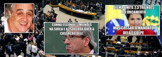 Jornalista Laerte Rimoli, que participou da campanha do senador Aécio Neves (PSDB-MG) e foi nomeado diretor de comunicação da Câmara dos Deputados por Eduardo Cunha (PMDB-RJ), perdeu o controle; no Facebook, ele questionou o pedido de cassação de Cunha por US$ 5 milhões escondidos pelo chefe na Suíça, como se fosse um fato menor, e comparou o caso a supostos R$ 2,3 trilhões escondidos pela presidente Dilma no orçamento; ele ainda chamou a presidente de "destrambelhada"