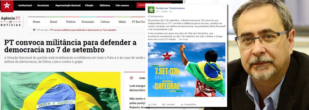 Após convocar a militância a sair às ruas no dia Dia da Independência "de verde e amarelo em defesa da democracia, de Dilma, Lula e contra o golpe", o partido voltou atrás: "Resolvemos mudar para não parecer que estamos querendo confusão", afirmou o vice-presidente do PT, Alberto Cantalice; em 1992, uma convocação semelhante feita pelo governo Collor resultou no movimento dos caras-pintadas