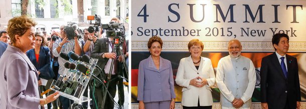 A presidente Dilma Rousseff disse, neste sábado (26), em Nova York, que o governo está "extremamente preocupado" com a escalada do dólar devido às empresas endividadas na moeda americana; mas ela ponderou que "o Brasil hoje tem reservas suficientes para que nós não tenhamos nenhum problema em relação a nenhuma disruptura por conta do dólar"; a presidente disse que o "governo terá uma posição bem clara e firme como foi essa que o Banco Central teve ao longo do final da semana passada"; na coletiva, Dilma também defendeu uma reforma no Conselho de Segurança da ONU; "Precisamos de um Conselho de Segurança representativo, legítimo e eficaz", disse