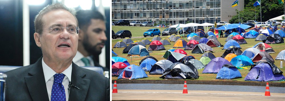Presidente do Senado falou nesta terça-feira, 10, sobre a situação do acampamento montado em frente ao Congresso Nacional por manifestantes a favor do impeachment da presidente Dilma Rousseff; para Renan, o acampamento deveria ficar mais afastado do prédio do Congresso; "O que precisar ser feito para que o acampamento não continue aqui será melhor. O acampamento deve ficar depois do asfalto e não aqui perto do Congresso", afirmou; Movimento Brasil Livre (MBL), o Vem Pra Rua e o Revoltados Online são alguns dos grupos contrários à presidenta Dilma que participam da manifestação