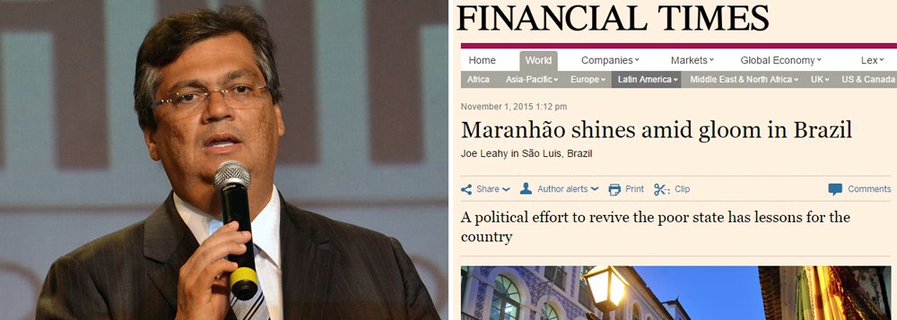 Menos de um mês após reportagem do jornal canadense  “The Globe and Mail" sobre o governo Flávio Dino, a gestão do chefe do executivo maranhense ganhou novamente as páginas de um veículo internacional; com o título “Maranhão brilha em meio à escuridão brasileira”, o ‘Financial Times’ fala sobre os desafios de governar um estado em meio a um período de recessão econômica global e os projetos de inclusão social, e cita o programa ‘Mais IDH’, com o objetivo combater a extrema pobreza nos municípios maranhenses com menores índices sociais; “Sr. Dino está eliminando a corrupção e o excesso com gastos públicos”, escreveu o correspondente